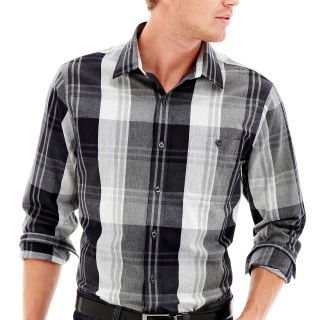 CLAIBORNE Plaid Button Front Shirt, Grey, Mens