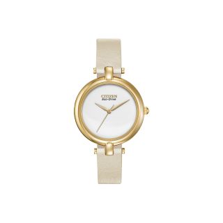 Citizen Eco Drive Womens Gold Tone White Leather Strap Watch EM0252 06A