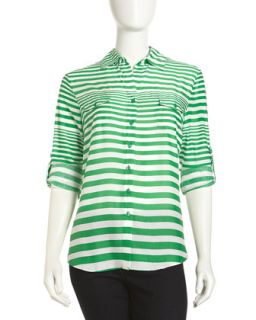 Variegated Stripe Tab Sleeve Blouse, Absolute Green/White