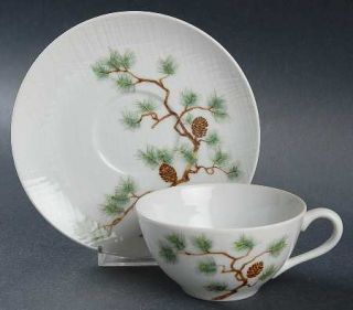 Omega Rainier Pine Flat Cup & Saucer Set, Fine China Dinnerware   Brown Cones,Gr