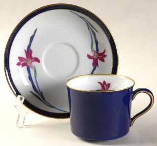 Koransha Lily Flat Cup & Saucer Set, Fine China Dinnerware   Cobalt Blue Border,