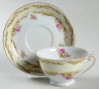 Aladdin Ala19 Footed Cup & Saucer Set, Fine China Dinnerware   Pink Roses,Leaf S