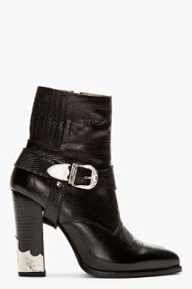 Toga Pulla Black Leather Croc_embossed Ankle Boot
