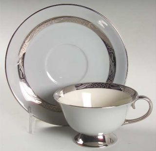 Flintridge Bridal Wreath Gray (Rim) Footed Cup & Saucer Set, Fine China Dinnerwa