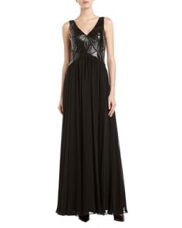 Faux Leather V Neck Gown, Black