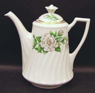 Syracuse Gardenia Coffee Pot & Lid, Fine China Dinnerware   White Flowers, Green