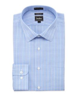 Non Iron Trim Fit Grid Check with Contrast Pane Dress Shirt, Blue
