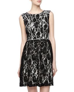 Lace Overlay Sateen Knit Sleeveless Dress, Black/White
