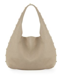 Pebbled Faux Leather Studded Hobo, Ivory