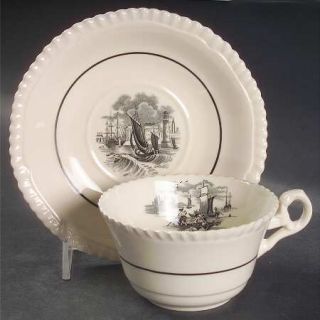 Spode Albion Ships Flat Cup & Saucer Set, Fine China Dinnerware   Gadroon Shape,