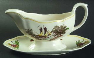 Spode Fair Haven (Yellow Trim) Gravy Boat with Attached Underplate, Fine China D