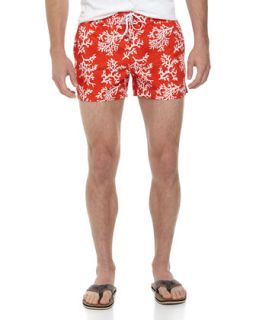 Coral Print Mid Thigh Swim Trunks, Mandarin