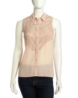 Sleeveless Lace Cutout Voile Blouse, Taupe