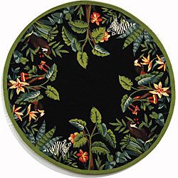 Hand hooked Safari Black/ Green Wool Rug (56 Round) (BlackPattern BorderMeasures 0.375 inch thickTip We recommend the use of a non skid pad to keep the rug in place on smooth surfaces.All rug sizes are approximate. Due to the difference of monitor color