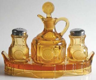 Fostoria Coin Glass Amber 4 Pc Condiment Set (Uses Small Cruet)   Stem #1372, Am