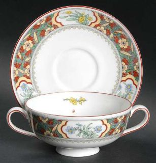 Minton Oriental Blossom (Ctr Design) Footed Cream Soup Bowl & Saucer Set, Fine C