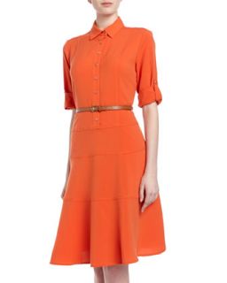 Belted Tiered Shirtdress, Spring Orange