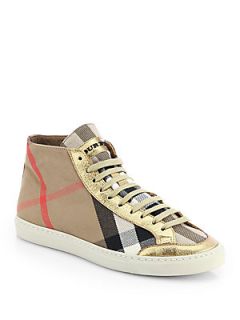 Burberry Montfords Metallic Leather Trimmed Check Sneakers   Light Gold