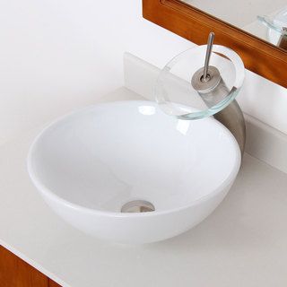 Elite High Temperature Ceramic Bathroom Sink With Unique Round Design And Bushed Nickel Finish Waterfall Faucet Combo