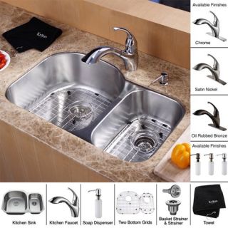 Kraus KBU23KPF2210KSD30SN 32 inch Undermount Double Bowl Stainless Steel Kitchen Sink with Satin Nickel Kitchen Faucet and Soap Dispenser