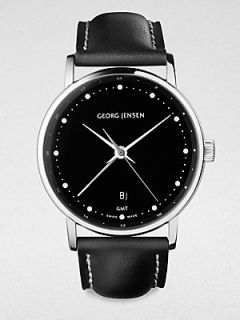 Georg Jensen Stainless Steel & Leather Watch   Black