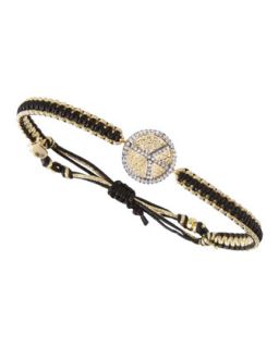 Crystal Studded Peace Metallic Cord Bracelet, Black/Gold