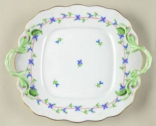Herend Blue Garland (Pbg) Square Handled Cake Plate, Fine China Dinnerware   Blu