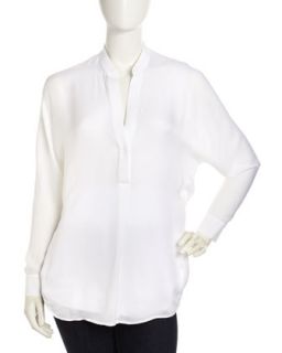 Half Placket Dolman Sleeve Silk Top, White