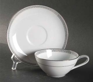Noritake Silver Key Flat Cup & Saucer Set, Fine China Dinnerware   White, Platin