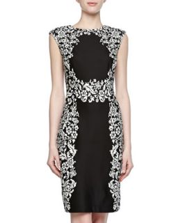 Lace Print Mirror Stretch Dress, Black/white