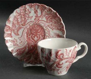 Johnson Brothers Paisley Red Flat Cup & Saucer Set, Fine China Dinnerware   Red