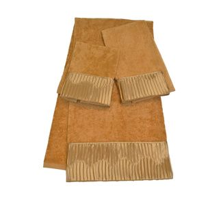 Sherry Kline Vertical Pleats Gold Embellished 3 piece Towel Set (Gold Materials 100 percent cotton towel/100 percent polyester band Care instructions Spot clean recommended DimensionsBath towel 25 inches wide x 48 inches longHand towel 16 inches wide 