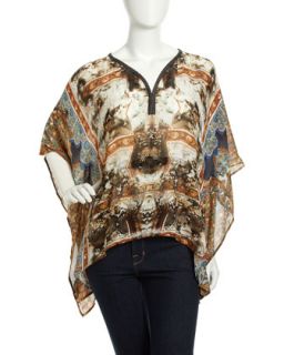 Mixed Print Faux Leather Trim Tunic, Beige