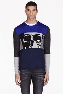 Markus Lupfer Blue Colorblocked Skull Sweater