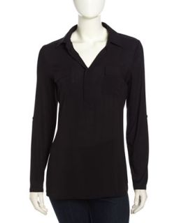 Long Sleeve Button Front Semi Sheer Blouse, Black