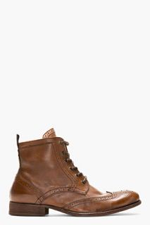 H By Hudson Brown Leather Brogued Angus Ankle Boots