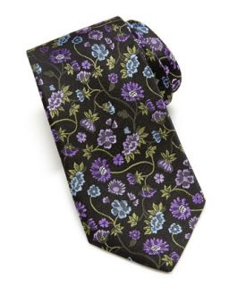 Floral Pattern Silk Tie, Black/Purple