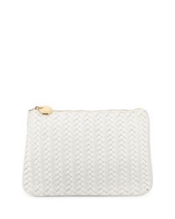 Faux Leather Woven Flat Clutch, White