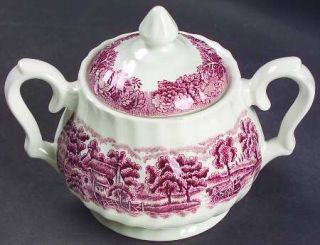 Enoch Wood & Sons English Scenery Pink (Black Stamp,Scall) Sugar Bowl & Lid, Fin