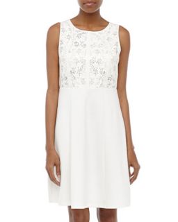 Perforated Faux Leather/Ponte Dress, Ivory