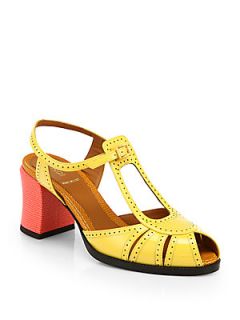 Fendi Bicolor Perforated Patent Leather Sandals   Yellow Coral