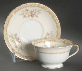 Noritake Lois Footed Cup & Saucer Set, Fine China Dinnerware   Tan Border,Floral
