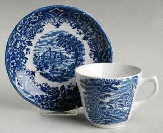 Grindley Homeland Blue Flat Cup & Saucer Set, Fine China Dinnerware   Blue Scene