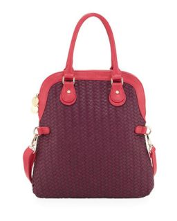 Colorblock Faux Leather Woven Foldover Tote, Berry Pink