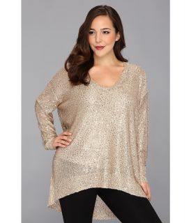 DKNYC Plus Size L/S Deep Scoop Neck Pullover w/ Sequins Womens Long Sleeve Pullover (Gold)
