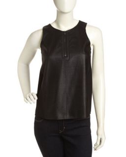 Perforated Leather Zip Front Tank, Black