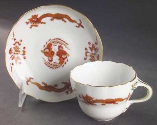 Meissen (Germany) Dragon Red Flat Cup & Saucer Set, Fine China Dinnerware   Scal
