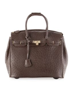 Kendall Ostrich Embossed Faux Leather Rolling Bag, Dark Brown