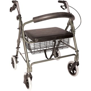Mabis Titanium Lightweight Extra Wide Heavy Duty Aluminum Rollator (TitaniumSize Extra wideMaterials Heavy duty aluminumHas a curved padded backrest and a cushioned seatIncludes height adjustable handles and secure bicycle style handbrakesComes with a 2