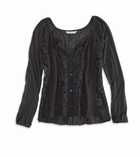 Ebony Grey AE Cropped Lace Button Down Top, Womens XS